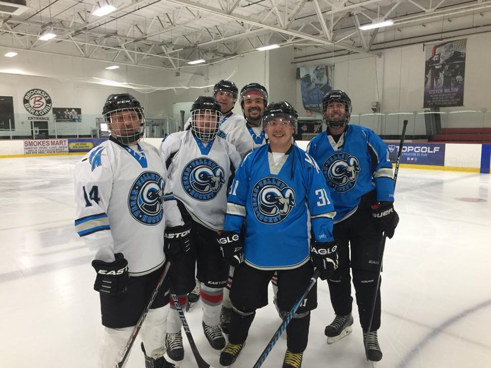 Vegas Valley Hockey players wearing blue and white club jerseys
